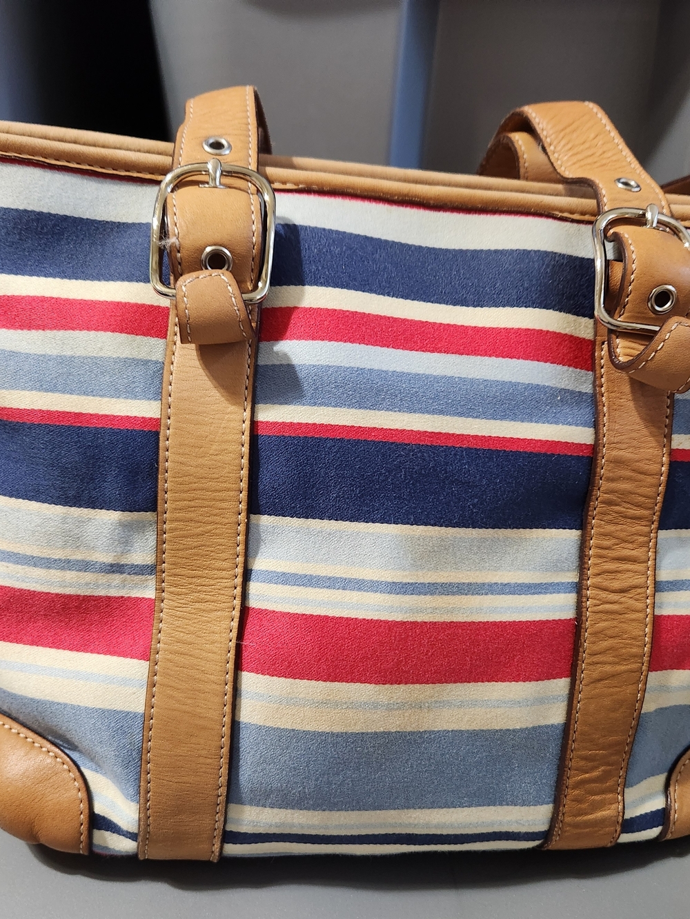 Coach Striped Canvas Tote in Red, Navy & Cream with Tan Leather Trim